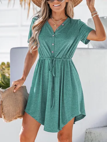 Vista 4 de CUPSHE Minivestido de verano con cuello en V y botón frontal con cordón para mujer
