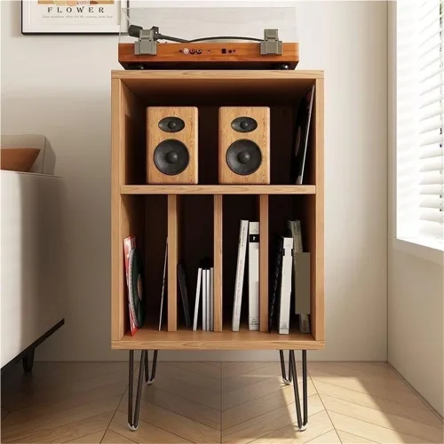 Vista 10 de Soporte para tocadiscos de madera, mesa de tocadiscos de gran capacidad, gabinete de almacenamiento abierto para medios, adecuado para sala