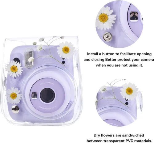 Vista 2 de Mini11 - Funda transparente para Instax Mini 11/9/8/8+/40 Cámara instantánea con flores secas de PVC con correa ajustable