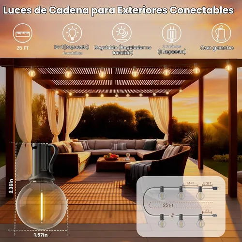 Vista 2 de RTTY Guirnalda de luces LED G40 para exteriores de 25 pies, con 13 bombillas, impermeable, inastillable, regulable, conectable, luces colgantes