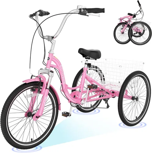 Vista 18 de H&ZT Triciclo para adultos, bicicleta de 3 ruedas, triciclo crucero, con cambio de 7 velocidades, manilla de freno de estacionamiento, paso bajo