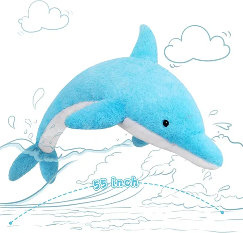 Vista 5 de MorisMos Animales de peluche gigantes de delfín de 55 pulgadas, juguete de peluche grande de delfín azul suave, regalos marinos de océano para niños