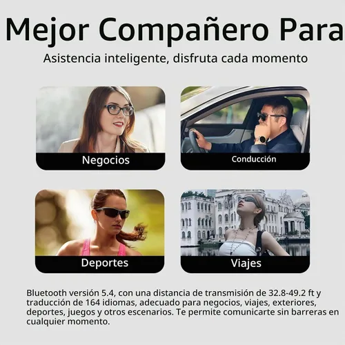 Vista 4 de Gafas de Traducción con IA, Gafas Inteligentes para Mujeres y Hombres, Bluetooth con Chat GPT, 164 Idiomas, Lente Resistente a Luz Azul y UV