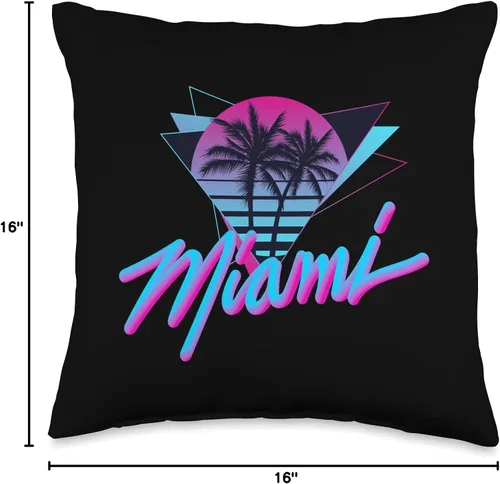Vista 4 de Miami - Palm Trees - Vaperwave Synthwave 80s Style Almohada retro, 16 x 16 pulgadas, multicolor