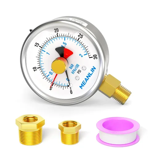 Vista 10 de MEANLIN MEASURE Manómetro de Presión de Acero Inoxidable 0~10 Psi 1/4" NPT Carátula de 2.5" con Puntero de Reinicio Relleno de Líquido WOG Agua