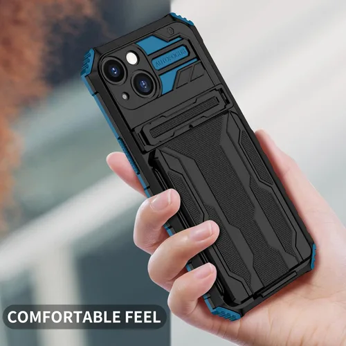 Vista 4 de UBeesize Funda para iPhone 13 con tarjetero 3 en 1 cartera con anillo Kickstand Funda protectora a prueba de golpes TPU+PC Durable Azul