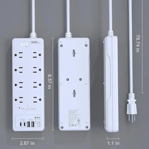 Vista 5 de Protector de sobretensiones, cable de extensión con temporizador USB, 8 salidas (1875 W/15 A) y 2 puertos USB A+2USB C, certificación ETL, montaje