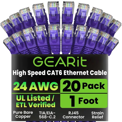 Vista 45 de GEARit Paquete de Cables Ethernet Cat 6 - Paquete de 20 Cables de Conexión Ethernet Cat6 de 1 pie Cable de Conexión de Red RJ45, Conectores