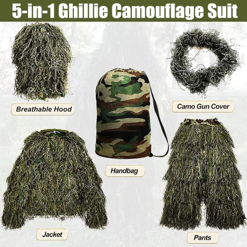 Vista 8 de MOPHOTO Traje de caza de camuflaje 3D 5 en 1, chaqueta, pantalones, capucha, bolsa de transporte para adultos y jóvenes, M/L, XL/XXL