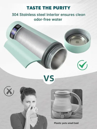 Vista 4 de balbali Hervidor de viaje de doble voltaje 100-250 V – Hervidor de agua portátil de 12 onzas/calentador/calentador para agua hirviendo – Hervidor