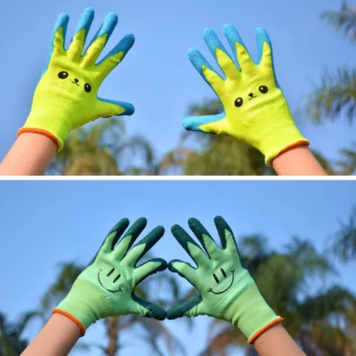 Vista 4 de 2 pares de guantes de jardinería para niños pequeños, guantes de jardín de tamaño infantil para trabajo en el patio, antideslizantes, flexibles