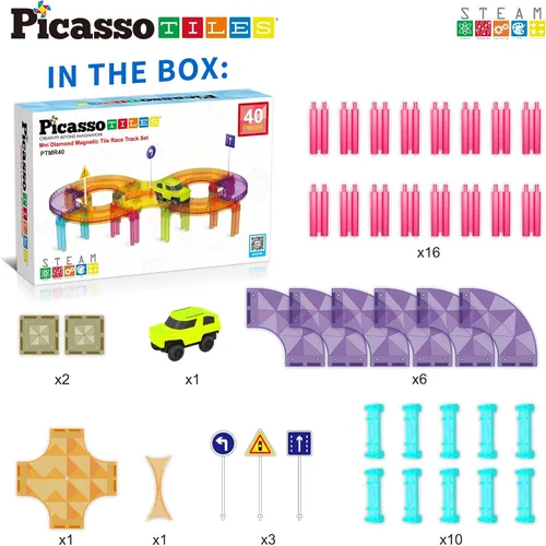 Vista 4 de PicassoTiles Pista de Carreras de Coches Magnéticos Azulejos Viaje Juguetes Sensoriales Imantados para Niños Pequeños STEM Educativo Aprendizaje