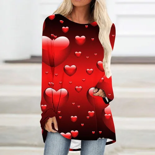 Vista 3 de Camisas con estampado de corazón para mujer, estilo casual, manga larga, para el día de San Valentín