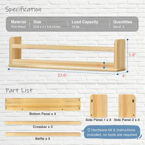 Vista 3 de Harwaya Estantería de pared de madera natural para dormitorio de niños, juego de 3, estantes flotantes de madera de 24 pulgadas para habitación
