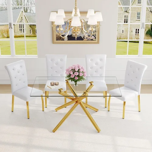 Vista 25 de Juego de mesa de comedor moderna para mesa de comedor negra de 4,63 pulgadas, juego de 4 con patas de metal dorado, mesa de cocina rectangular