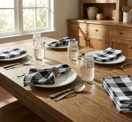 Vista 7 de Servilletas de tela reutilizables para cena en negro y blanco, juego de 12 servilletas de tela de algodón a cuadros de gingam de 16x16 pulgadas