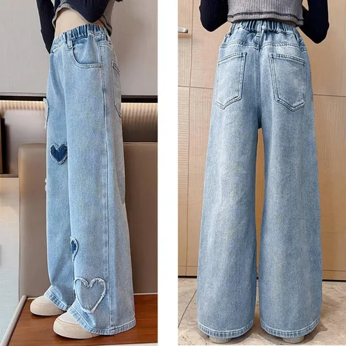 Vista 5 de Pantalones de mezclilla holgados para niñas y niñas, pantalones de mezclilla casuales de pierna ancha y cintura alta, talla 5-14 años