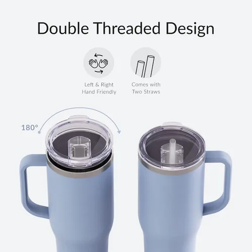 Vista 3 de Maars Charger - Taza de viaje aislada de 40 onzas con asa, vaso de acero inoxidable sellado al vacío de doble pared con popote y tapa, ónix blanco