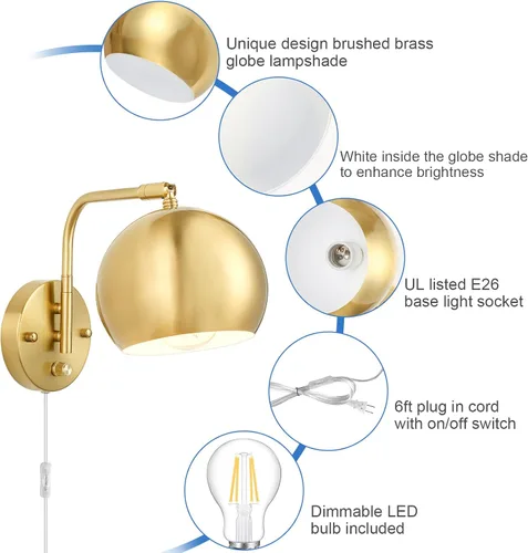 Vista 3 de VATONI Aplique de Pared Regulable Enchufable con Brazo Articulado, Luces de Pared con Cable de Enchufe y Interruptor de Perilla Regulador