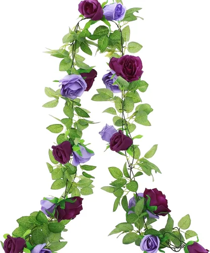 Vista 11 de GREENTIME - Guirnalda de flores artificiales 2 unidades, 4 metros de vid de rosas falsas, 9 cabezas de rosas, para arco de boda, centro de mesa