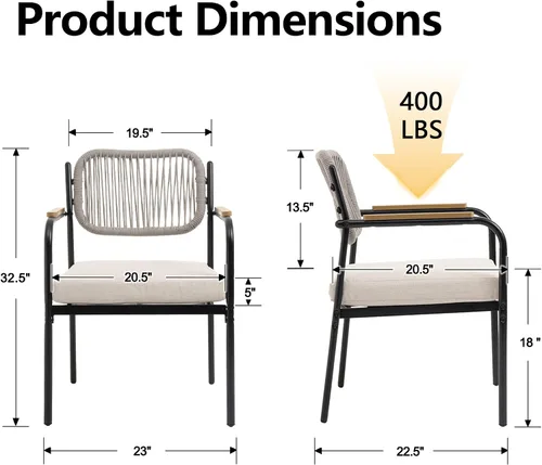 Vista 3 de Juego de 2 sillas de comedor para exteriores, sillas de comedor de mimbre para patio con cojines extraíbles, silla de mesa rectangular para patio