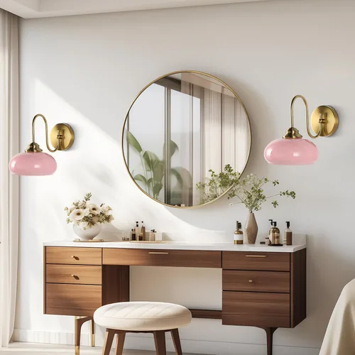 Vista 6 de KCO Lighting Aplique de Pared Rosa Dorado Cepillado Accesorios de Luz para Baño Lámpara de Pared de Globo de Vidrio Aplique de Pared Moderno