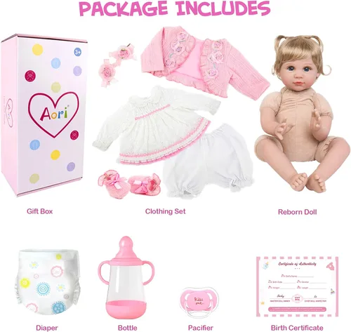 Vista 5 de Aori Muñecas Reborn de 22 pulgadas – Muñeca de bebé realista para niños de 3 años en adelante – Bebé recién nacido realista con traje rosa – Cuerpo