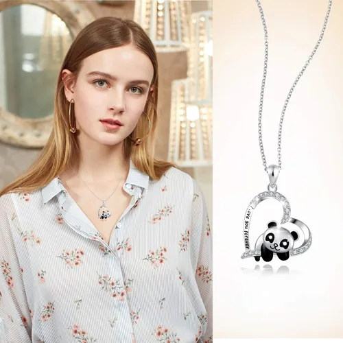Vista 5 de ACJNA 925 Sterling Silver Panda Bear Necklace Bamboo Heart Pendant Engraved I love You Forever Women Jewelry