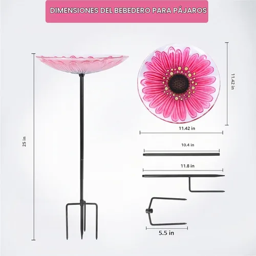 Vista 4 de MUMTOP - Bañera de cristal para pájaros, comedero para pájaros de jardín al aire libre con estaca de metal, flor