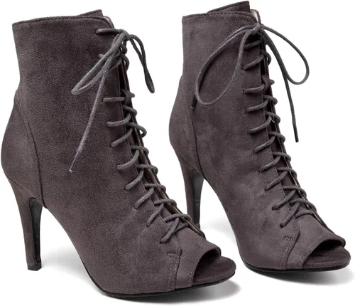 Vista 6 de GATUXUS Botas de tacón alto con cordones y puntera abierta para mujer, botines de tacón alto