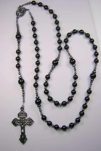 Vista 6 de Rosario negro XLong para hombre de 25 pulgadas, ónix negro católico y jade azul oscuro, collar de piedras preciosas Gunmetal Masculino Católico