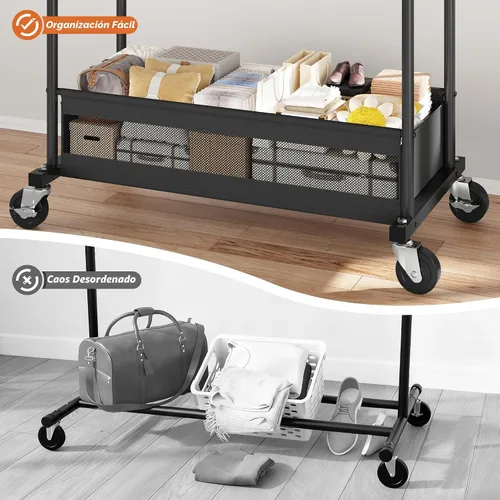 Vista 5 de Perchero de ropa para colgar ropa, perchero portátil con ruedas, perchero de ropa de doble barra con cesta de almacenamiento, perchero