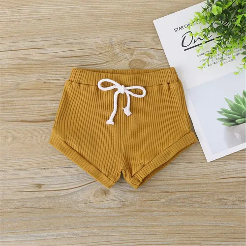 Vista 6 de Conjunto de pantalones cortos acanalados para bebé y niña, de punto y pantalones cortos de cordón sólido, ropa de verano