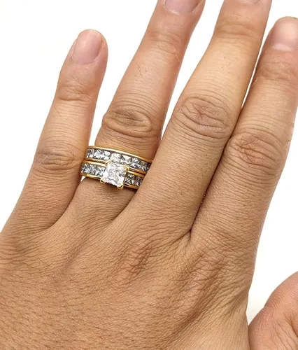Vista 4 de Juego de anillos de boda de dos anillos, para parejas, de 10 quilates de oro amarillo, relleno de circonia cúbica blanca, para compromiso y boda