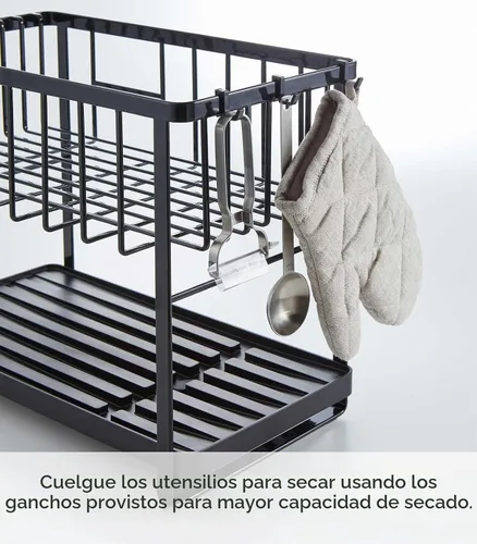 Vista 6 de YAMAZAKI Home Tower - Escurridor de platos ajustable de dos niveles, estante de secado compacto con ganchos, soporte para utensilios, acero - Negro