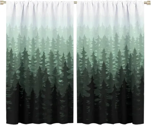 Vista 33 de BAEKJIN Cortinas verdes de bosque brumoso, acuarela, naturaleza, paisaje, plantas, árbol, bolsillo para barra, opacas, tratamiento de ventana