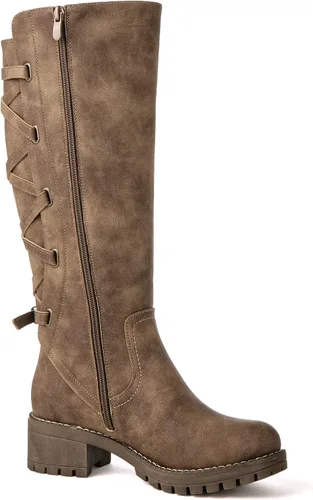 Vista 3 de GLOBALWIN Botas altas de motocicleta con tiras para mujer, botas de equitación de pantorrilla ancha con cordones en la parte trasera para otoño e