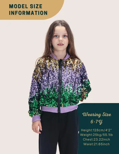 Vista 3 de WELAKEN Chaqueta bomber de lentejuelas ombré con bolsillos para niñas, ligera, brillante, manga larga, cremallera degradada, chaquetas para niños
