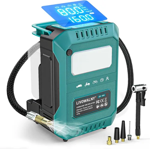 Vista 13 de LIVOWALNY Compresor de aire para inflador de neumáticos, compatible con batería Milwaukee de 18 V, bomba de aire eléctrica portátil inalámbrica