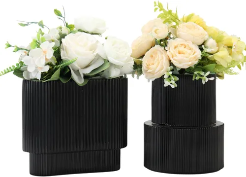 Vista 7 de Jarrones de vidrio acanalado, juego de 2 jarrones estriados para flores, florero de vidrio ámbar para tulipanes, jarrón moderno para sala de estar