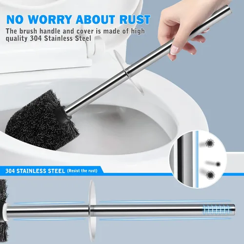 Vista 4 de Escobilla de inodoro y soporte, escobilla de inodoro con mango largo de acero inoxidable 304, cepillo para inodoro de baño, ergonómico, elegante