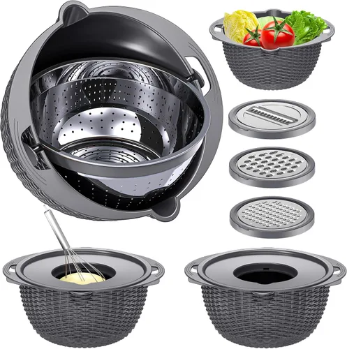 Vista 12 de Juego de Colador 4 en 1 con Conjunto de Tazones - Tazón Colador Giratorio con Cucharas Medidoras - Tazón Colador de Frutas, Coladores de Alimentos