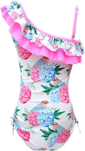 Vista 3 de Traje de baño ajustable de una pieza de moda con volantes dobles y un hombro para niñas (5y-16y)