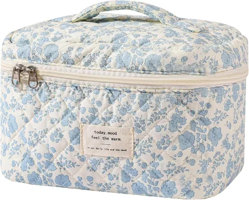 Vista 14 de Gosect Bolsa de maquillaje grande, bonita bolsa de cosméticos para mujeres y niñas, bolsa de aseo estética de coqueta floral, bolsa organizadora