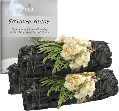 Vista 18 de SOUL STICKS Paquete de 3 barras de salvia blanca floral con flores para limpiar el hogar, meditación, yoga, curación y manchas, California de origen