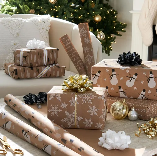 Vista 8 de American Greetings - Rollos de papel de regalo navideño Kraft Vintage, papel de regalo de fiesta navideña Kraft en negro, blanco y marrón