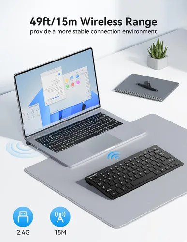 Vista 3 de TECKNET Teclado inalámbrico 2.4G, mini teclado compacto con teclas rápidas multimedia, duración de la batería de 12 meses, compatible con PC Negro