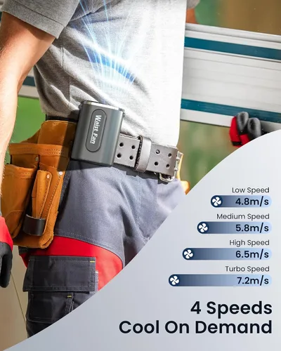 Vista 2 de Koonie Mini ventilador portátil para cinturón de cintura, recargable, flujo de aire fuerte mejorado de 17500 RPM con 4 niveles de velocidad
