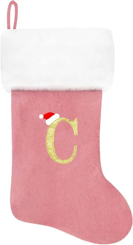 Vista 140 de Calcetines de Navidad bordados de 20 pulgadas con monograma, terciopelo negro con puño de felpa blanca supersuave, adornos clásicos para decoración