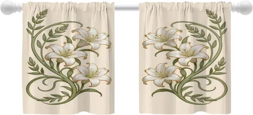 Vista 34 de Shrahala Art Nouveau Floral Pattern Blackout Curtain Tiers, Delicate Vine and Flower Design Kitchen Valance Light Blocking Tier Drapes with Rod